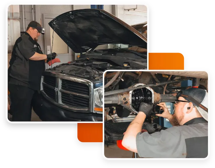 A mechanic in a black uniform and cap works meticulously on a vehicle. In the main image, they inspect under the hood, while in the inset, they focus on the underside near the axle. At Done With Care Auto Repair, attention to detail is always guaranteed.