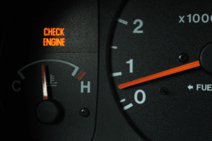 Check engine light, auto repair in Merriam, KS, at Done With Care Auto Repair. Illuminated check engine light on a vehicle dashboard, signaling a potential engine or emissions system issue that requires professional diagnostics to identify the cause and prevent more costly repairs.