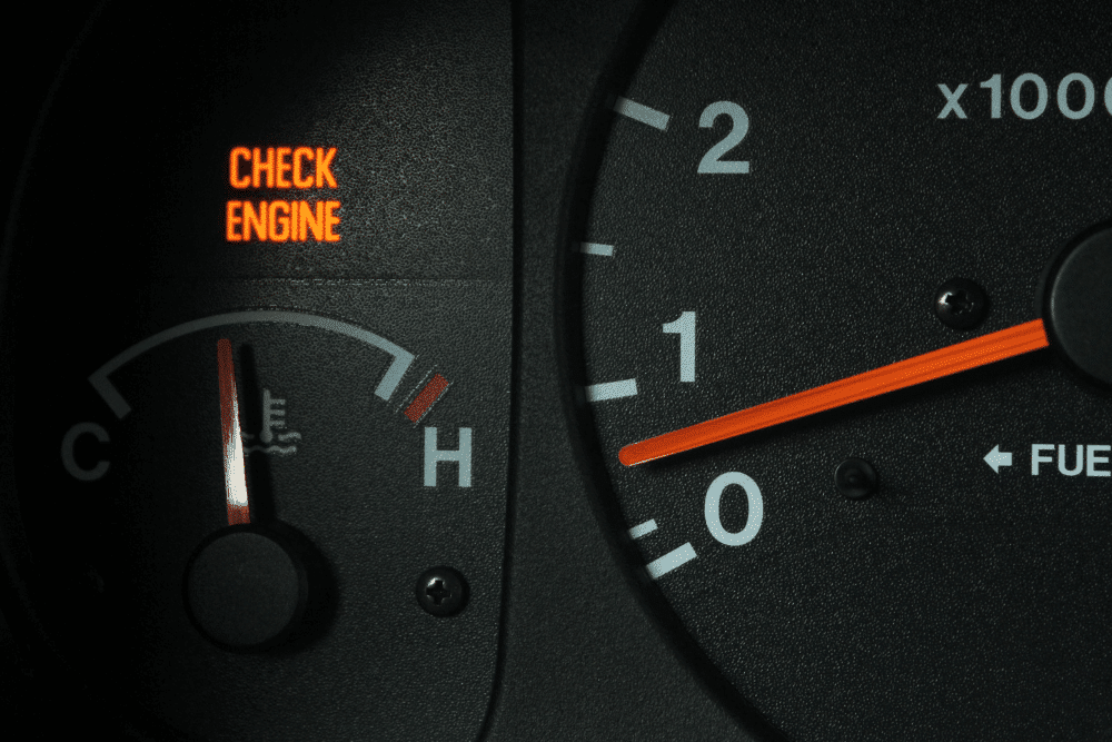 Check engine light, auto repair in Merriam, KS, at Done With Care Auto Repair. Illuminated check engine light on a vehicle dashboard, signaling a potential engine or emissions system issue that requires professional diagnostics to identify the cause and prevent more costly repairs.